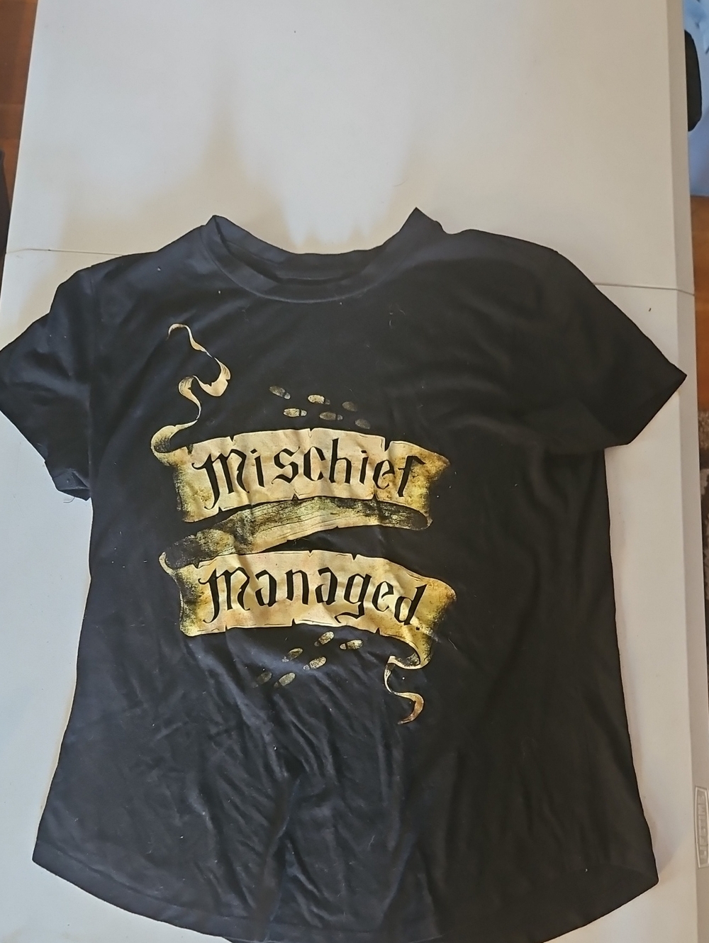 Warner Bros. Black Short Sleeve Tee with Gold 'Mischief Managed' Graphic